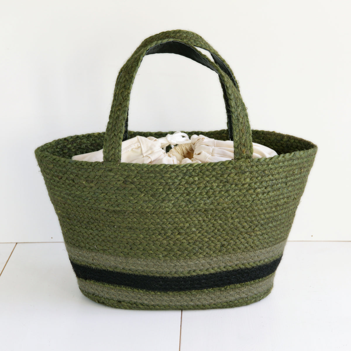 Jute Basket bag with leather handle Medium size #NA901 'Beach' [L. GRAY / BLACK (GREEN)]