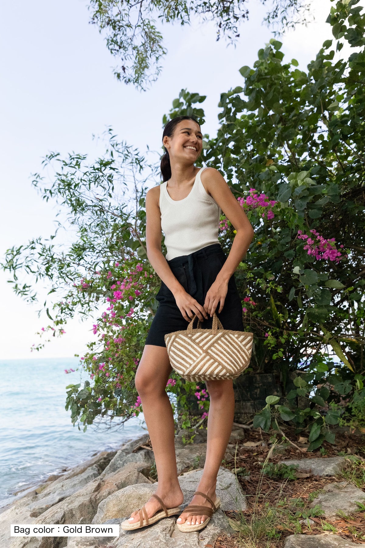 Jute Square small size tote  bag #NA916 'Fish' [GRAY RED]