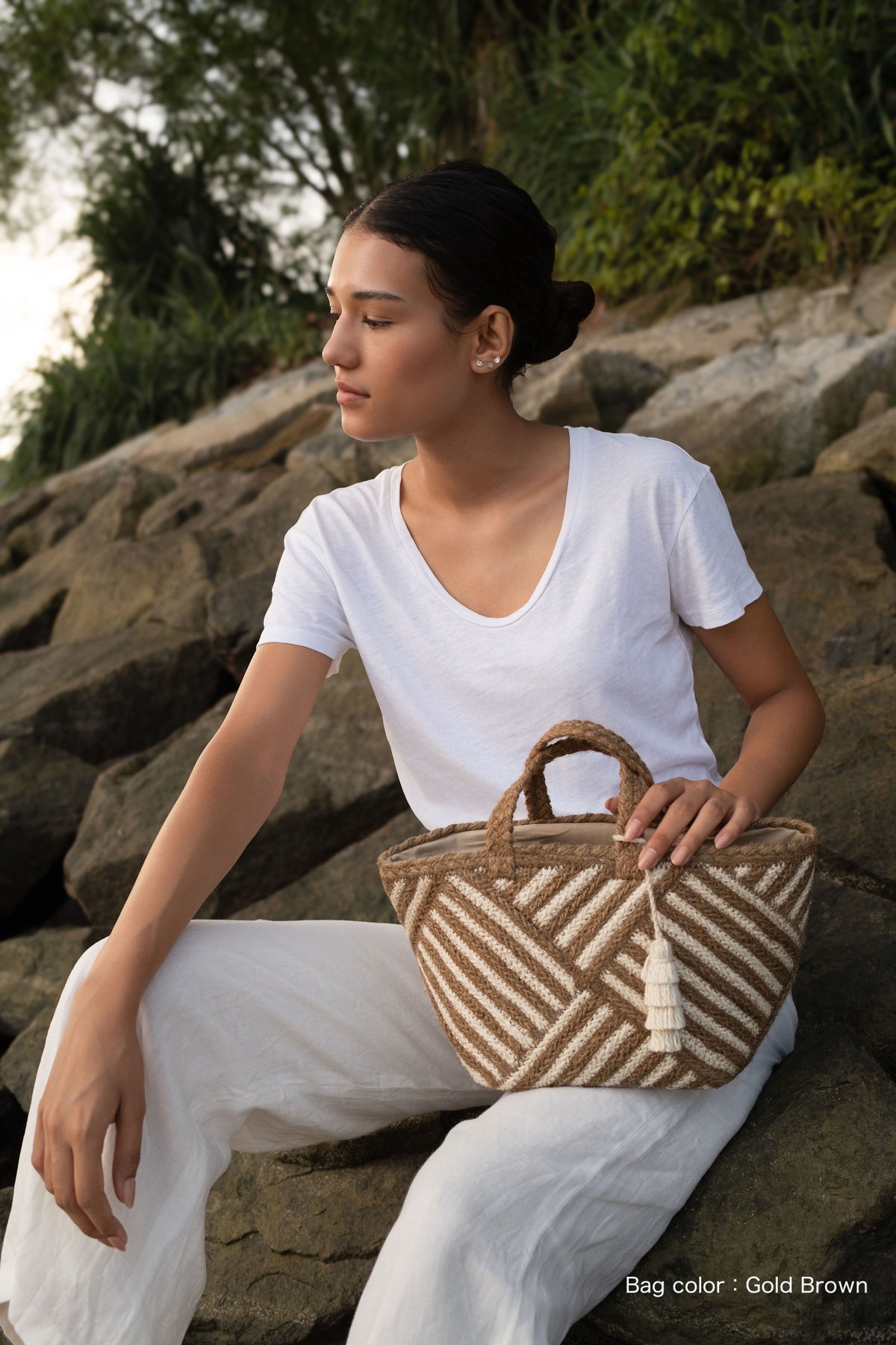 Jute Square small size tote  bag #NA916 'Fish' [GRAY RED]