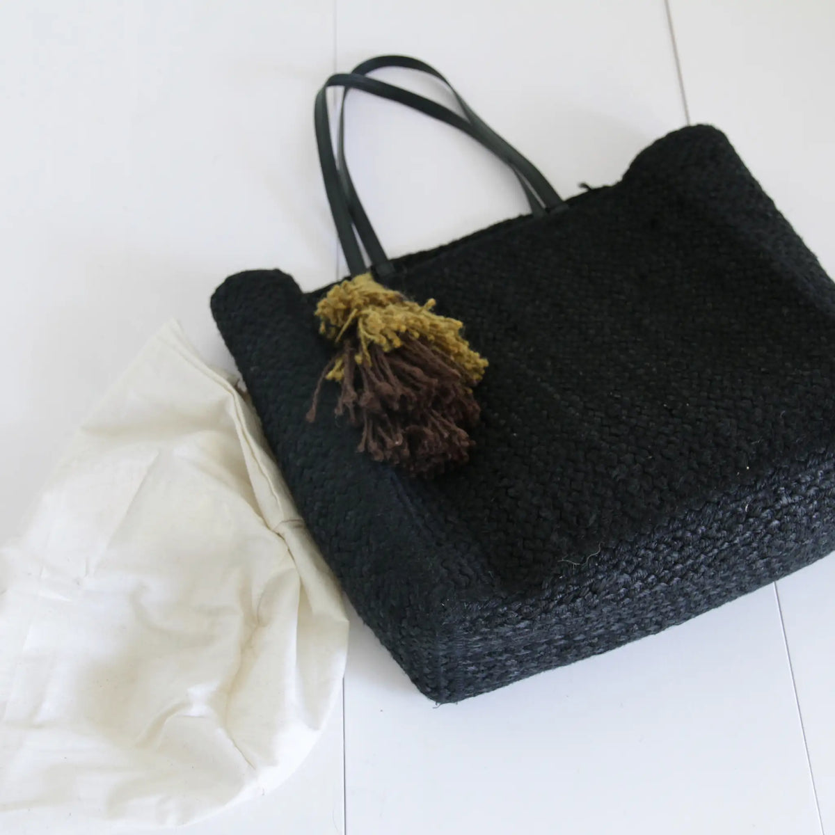 Jute Square Tote bag Large size #NA907B 'New moon' [BLACK]