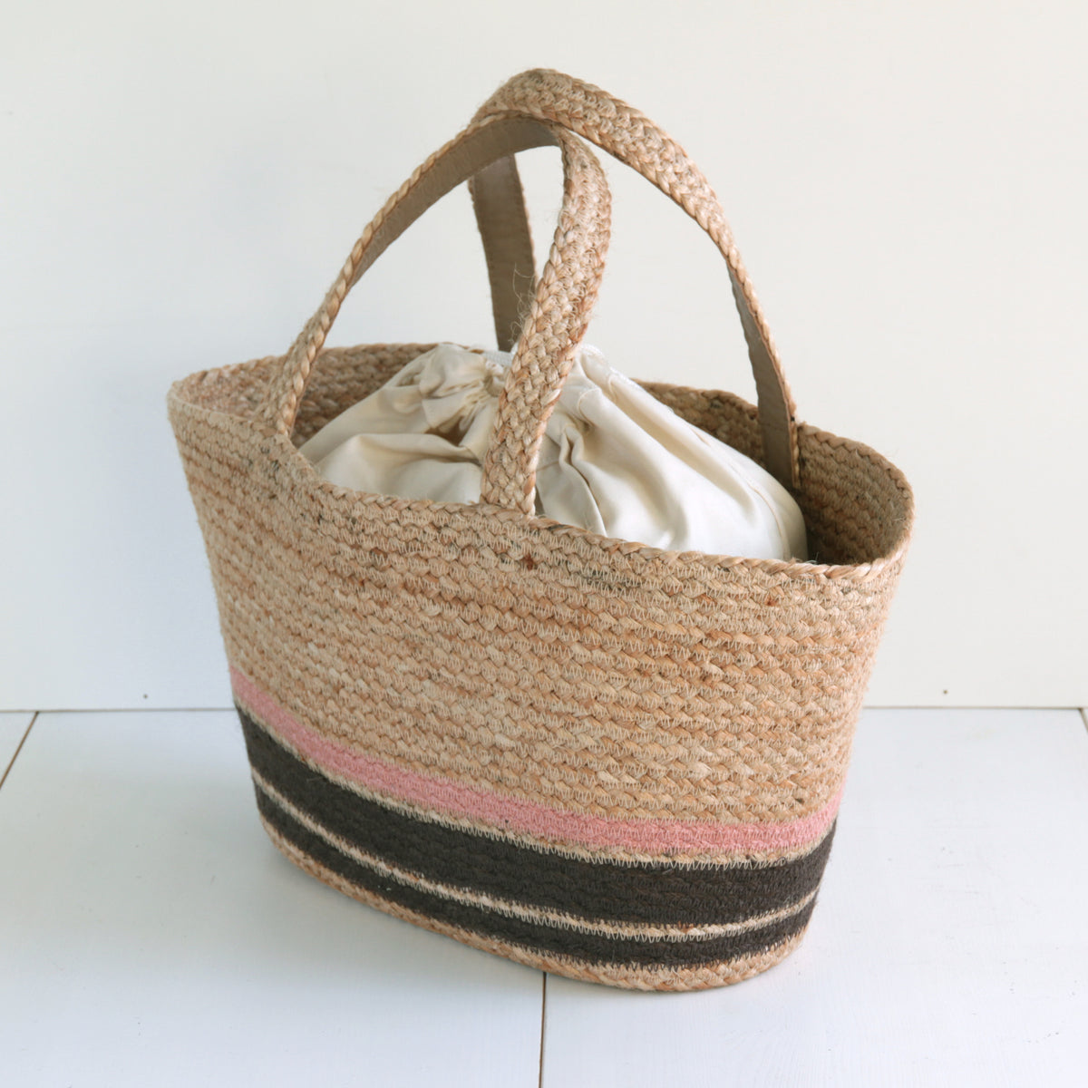 Jute Basket bag with leather handle Medium size #NA901 'Beach' [PINK / D. BROWN (NATURAL)]