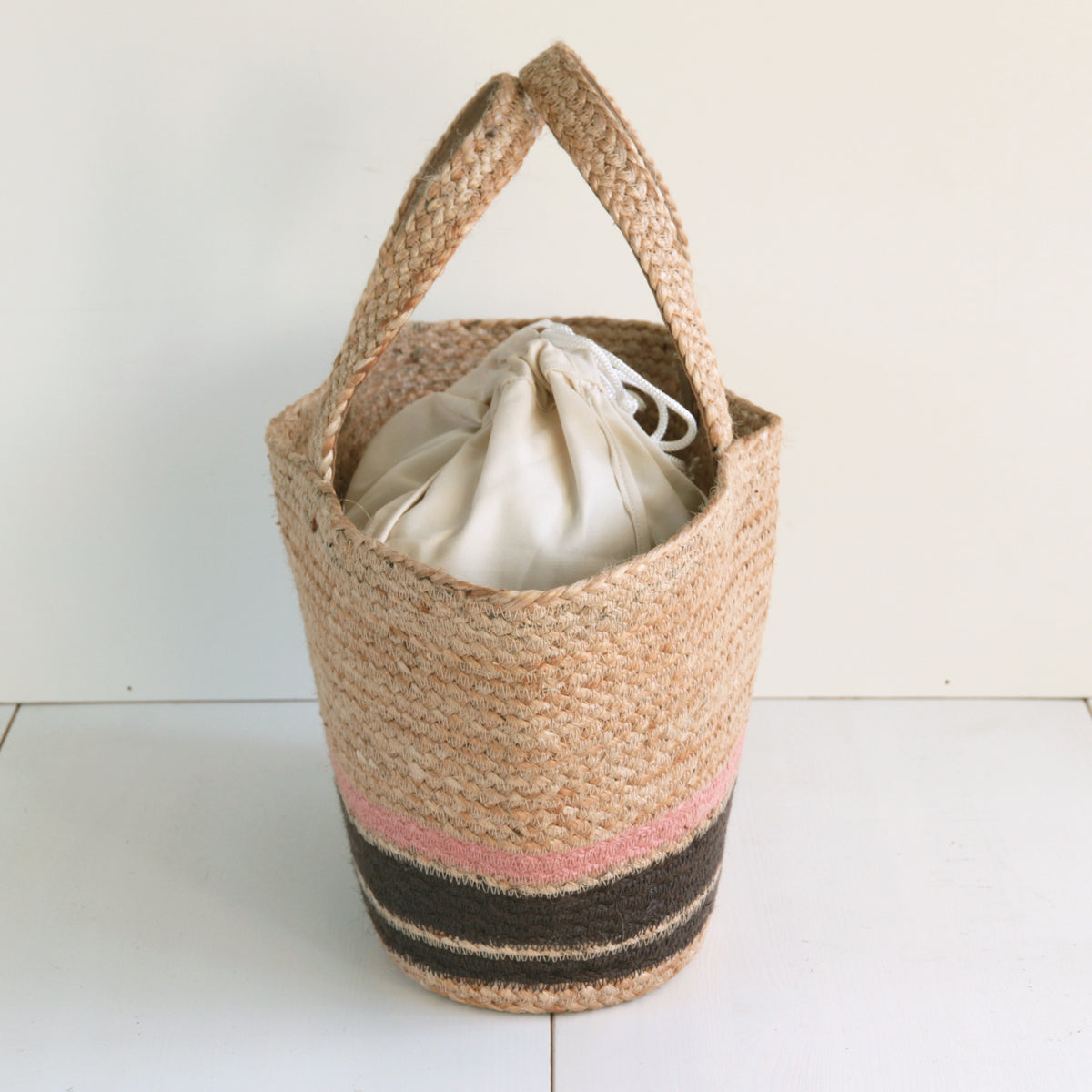 Jute Basket bag with leather handle Medium size #NA901 'Beach' [PINK / D. BROWN (NATURAL)]