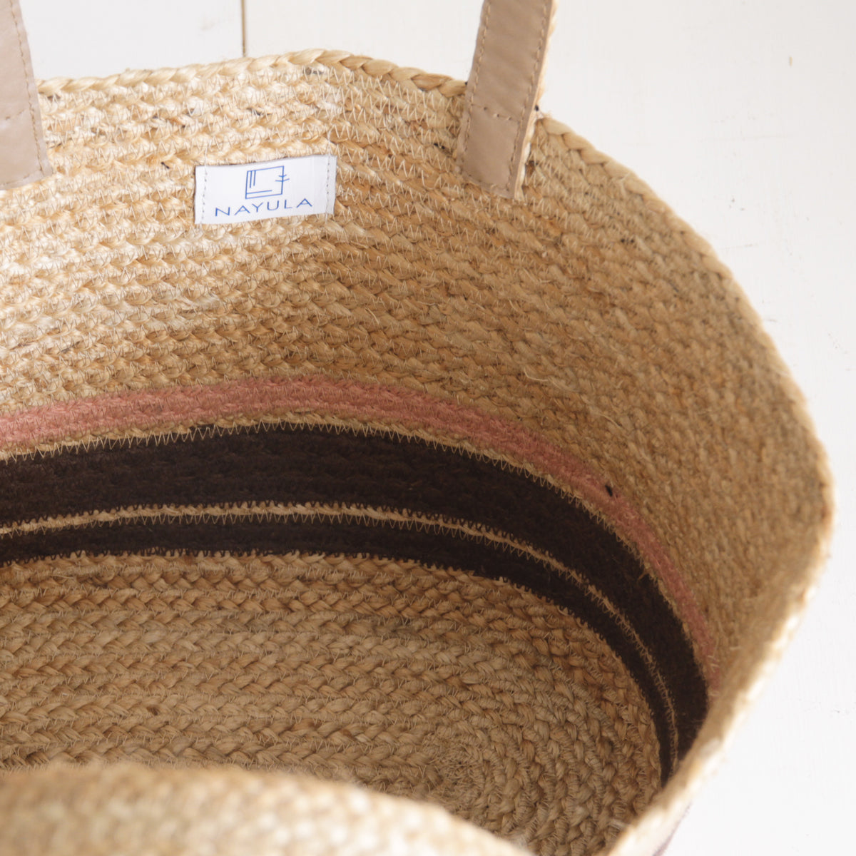 Jute Basket bag with leather handle Medium size #NA901 'Beach' [PINK / D. BROWN (NATURAL)]