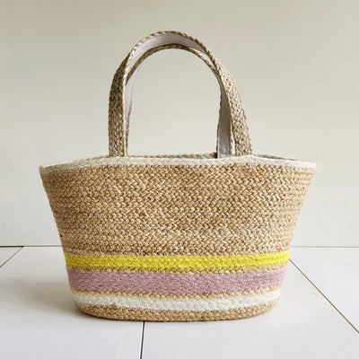 Jute Basket bag with leather handle Medium size #NA901 'Beach' [PINK / WHITE]