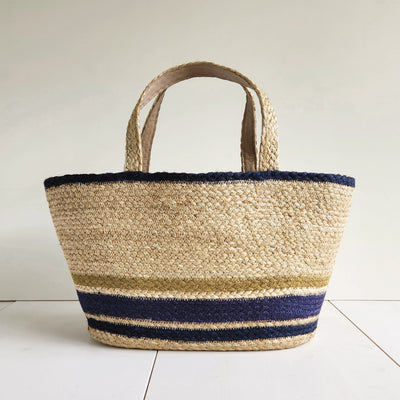 Jute Basket bag with leather handle Medium size #NA901 'Beach' [BLUE / GOLD]